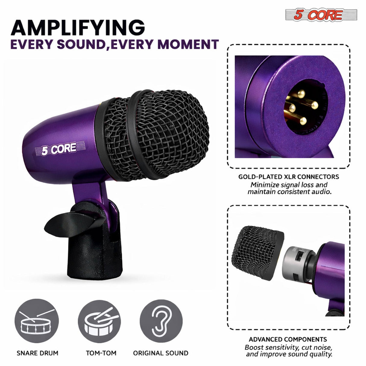 5 Core Conga Mic Snare Tom Set Professional XLR Cardioid Condenser Instrument Microphone Kit