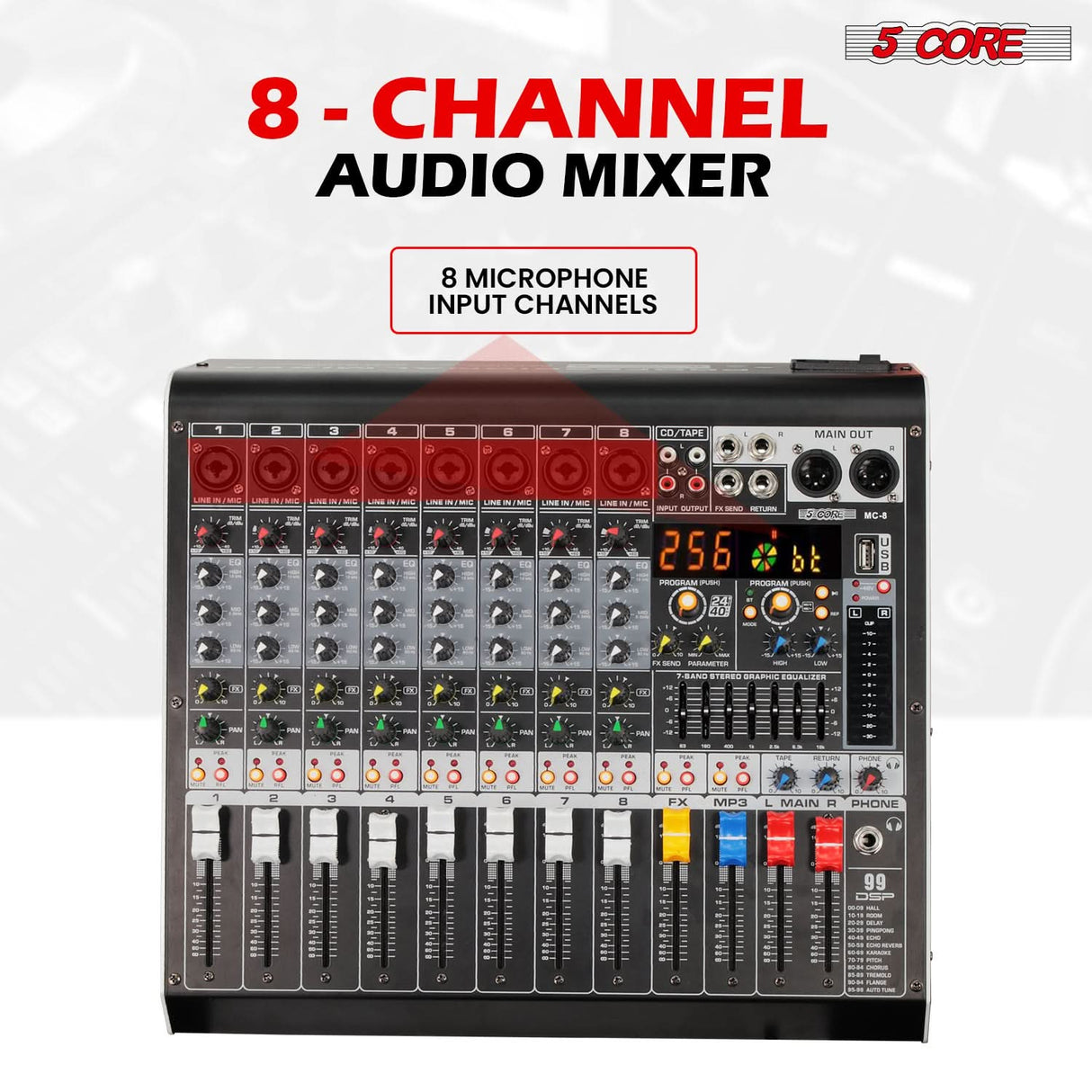5 Core Audio Mixer 8 Channel DJ Soundboard USB Interface Bluetooth Mixing Console w 99 DSP Effect