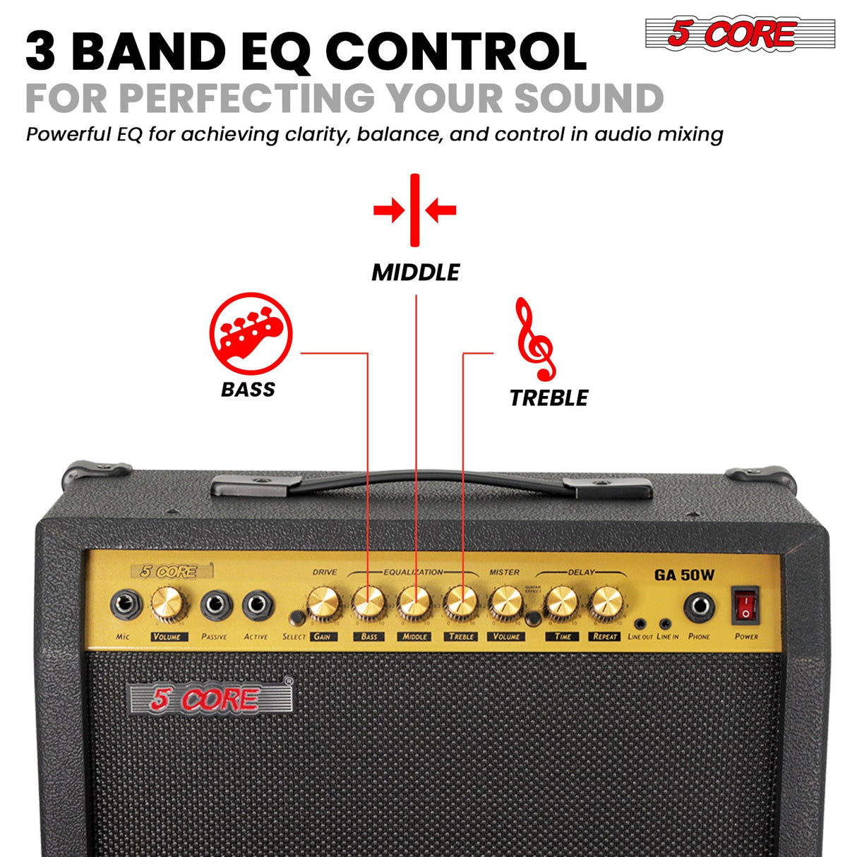 5 Core Guitar Amp 50 Watt  Electric Amplifier w Built in 8" Speaker Portable Mini Amps w Aux