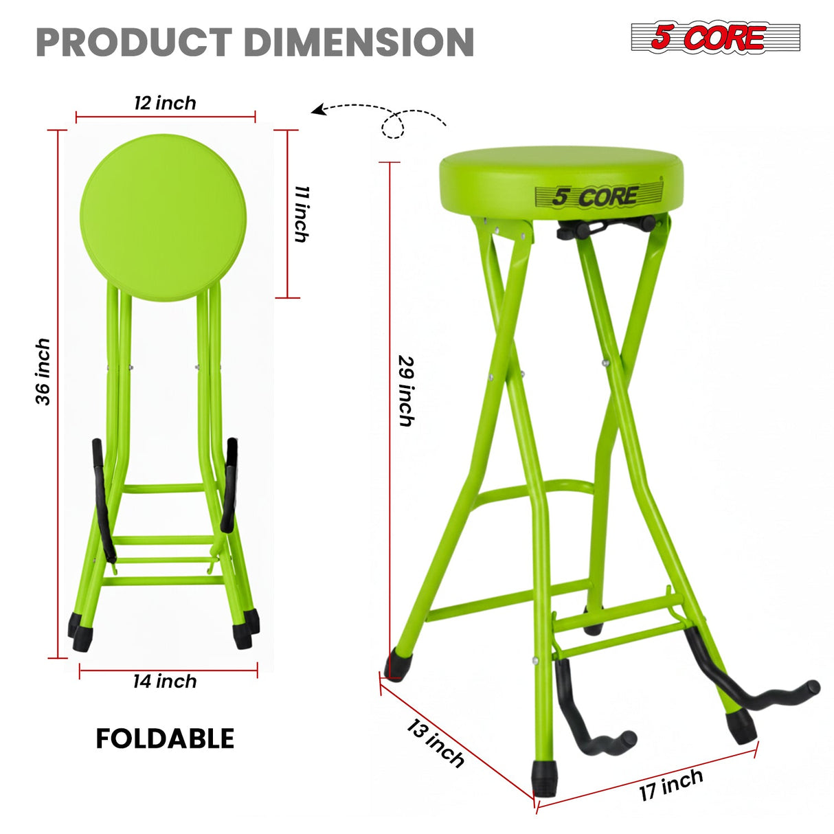 5Core Guitar Stool 3.15" Padded Chair Foldable Heavy Duty Music Seat Built in Foot Rest Guitar Stand