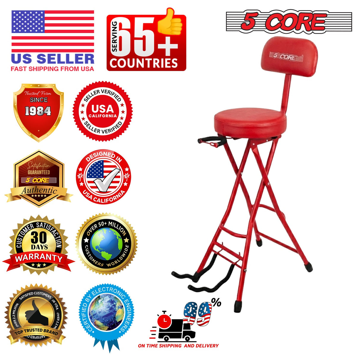 5Core Guitar Stool 3.15" Padded Chair w Backrest Foldable Music Seat Built in Foot Rest Guitar Stand