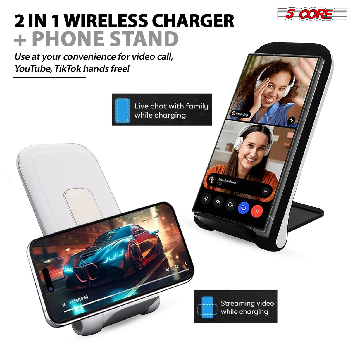 5 Core Wireless Charging Stand 2 Pieces 10W Fast Wireless Charger Station with Sleep-Friendly Light