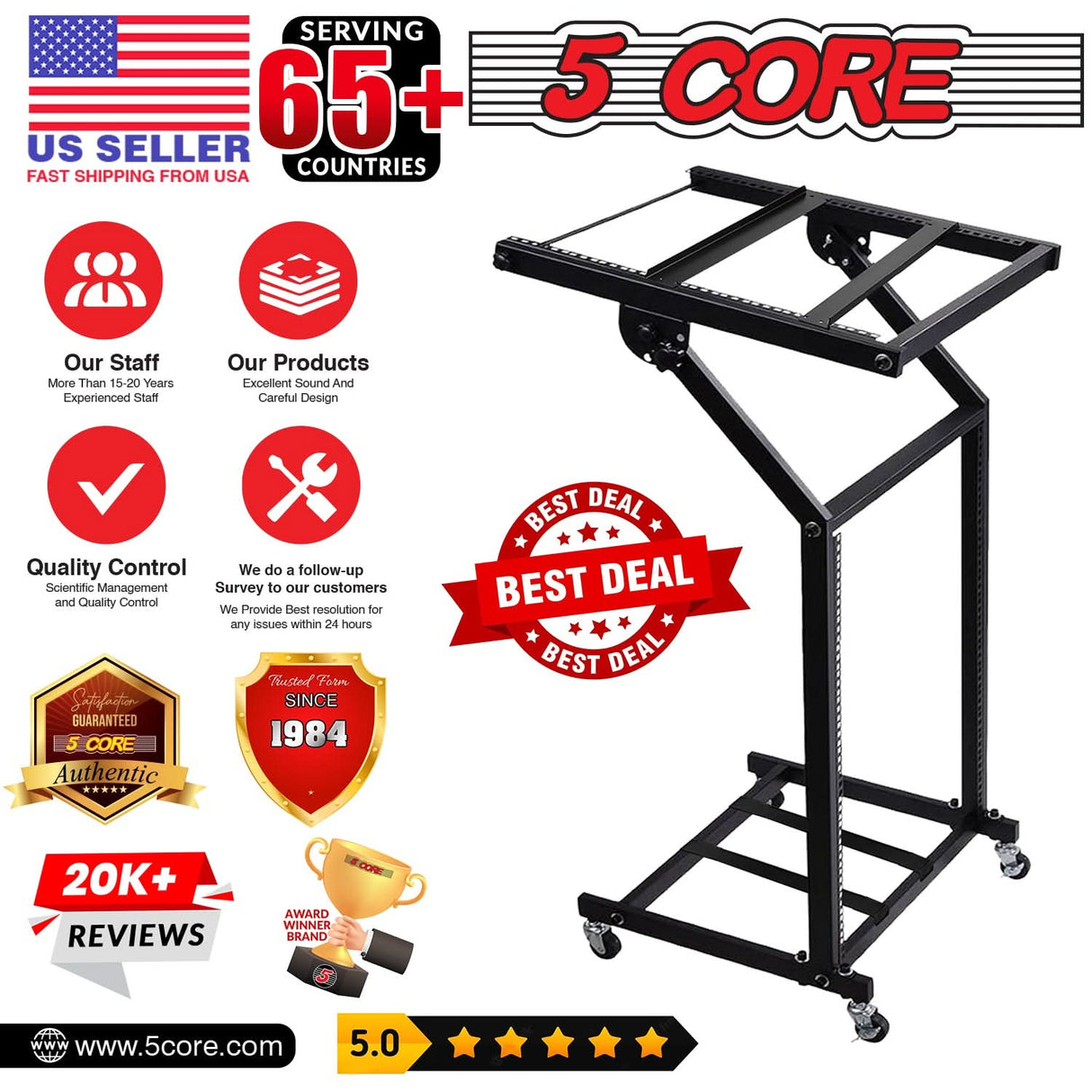 5Core DJ Mixer Stand 12U Adjustable Rack Mount Rolling Stage Cart Pro Audio Studio Equipment w Wheel