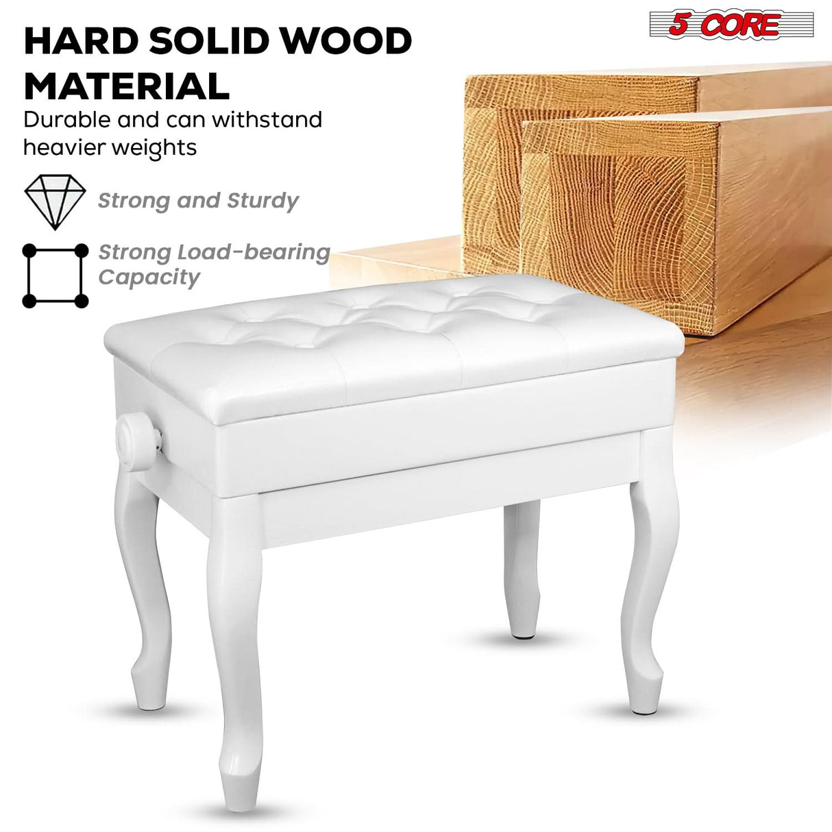 5 Core Piano Bench 3" Padded Cushioned Stool Wooden Heavy Duty Adjustable Musician Chair w Storage