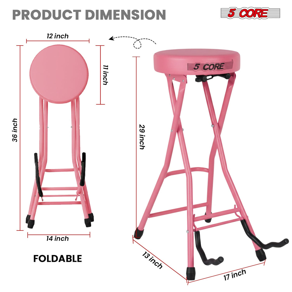 5 Core Guitar Stool 3.15" Padded Chair Foldable Music Seat w Built in Foot Rest Guitar Stand