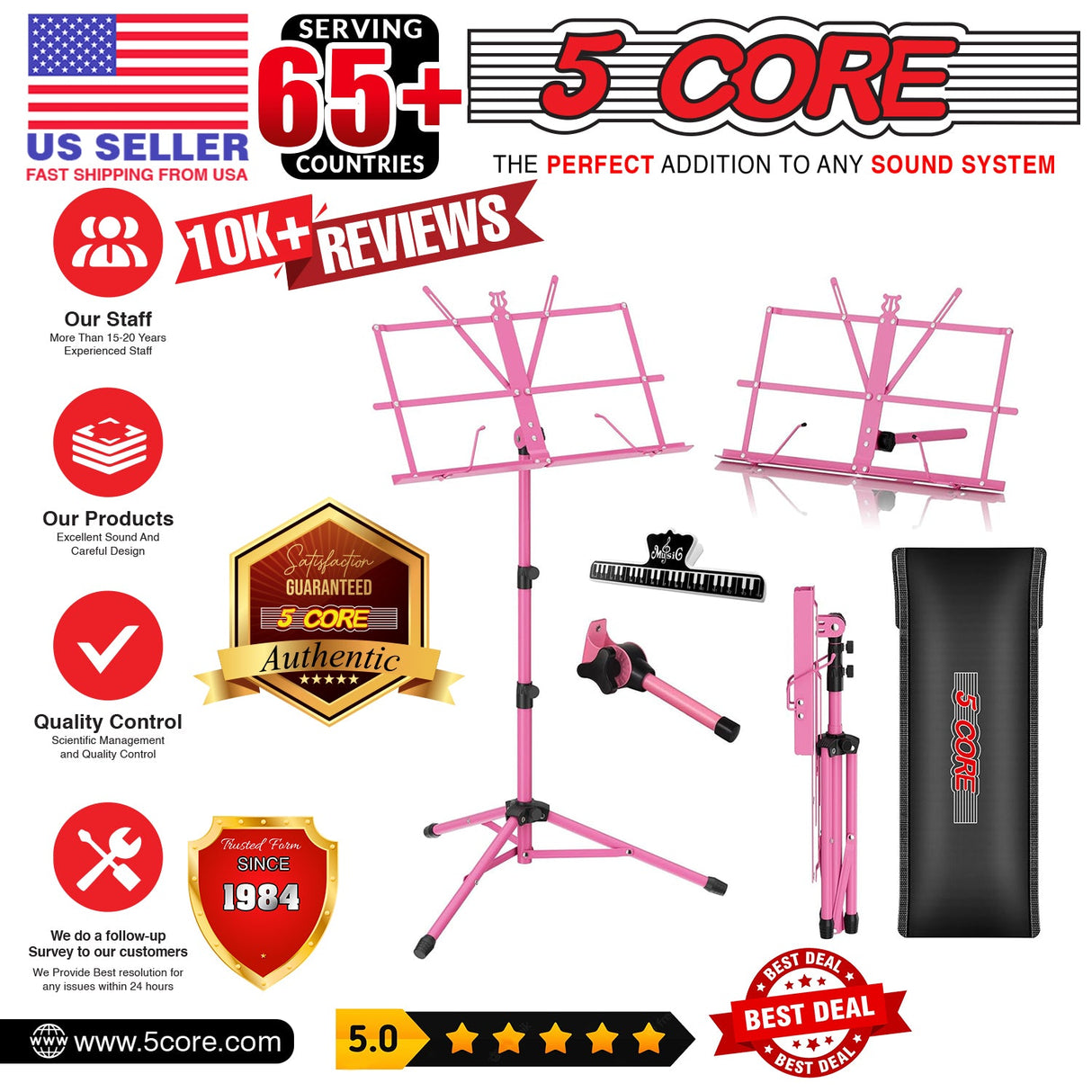 5Core Music Stand For Sheet Music Portable Tripod Adjustable Folding Note Holder Standard PINK
