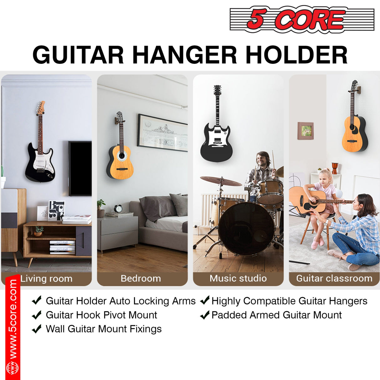 5Core Guitar Wall Mount Hanger 2Pack U-Shaped Wood Guitar Wall Hook Stand
