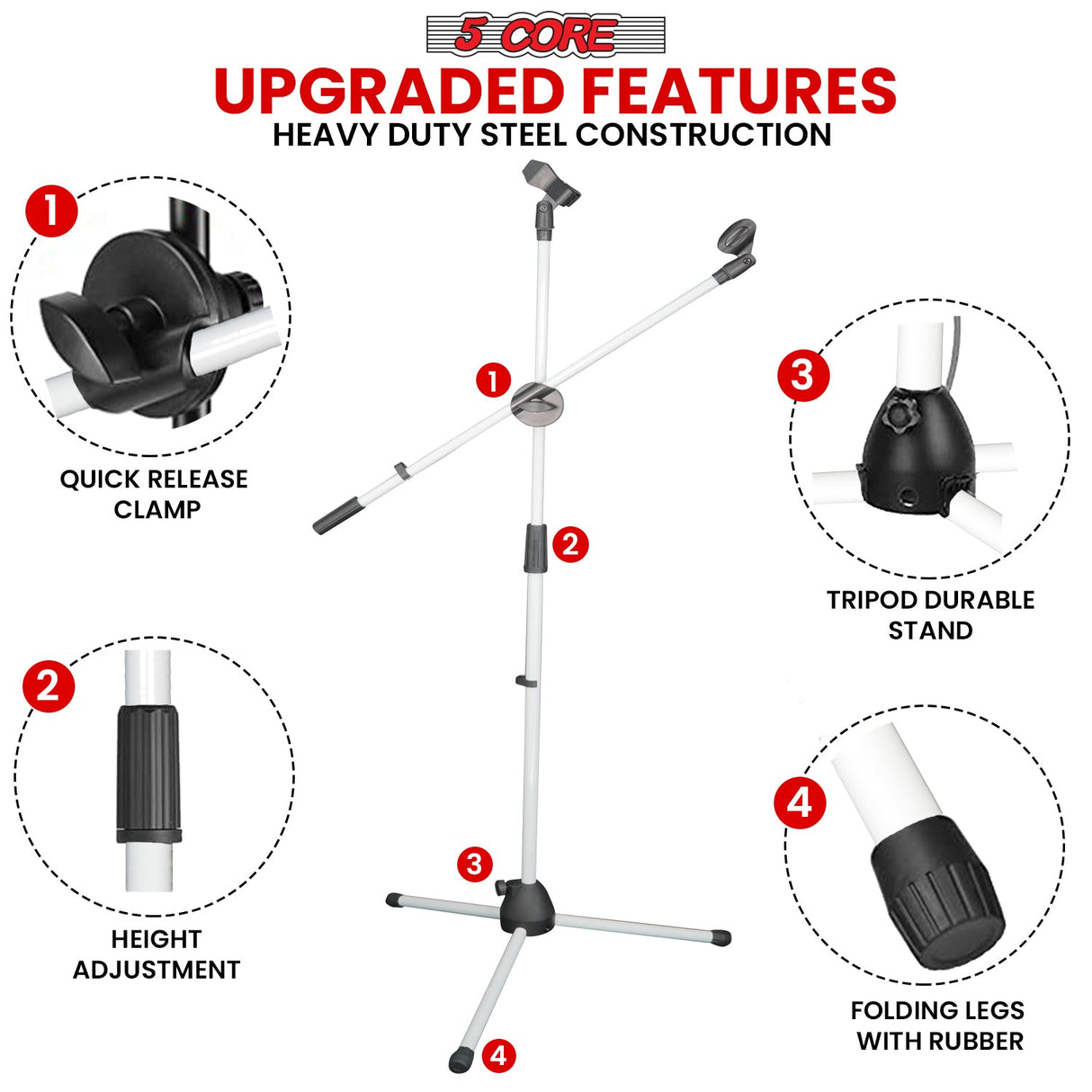 5Core Tripod Mic Stand Adjustable Heavy Duty Floor Holder Microphone Boom Arm WHITE