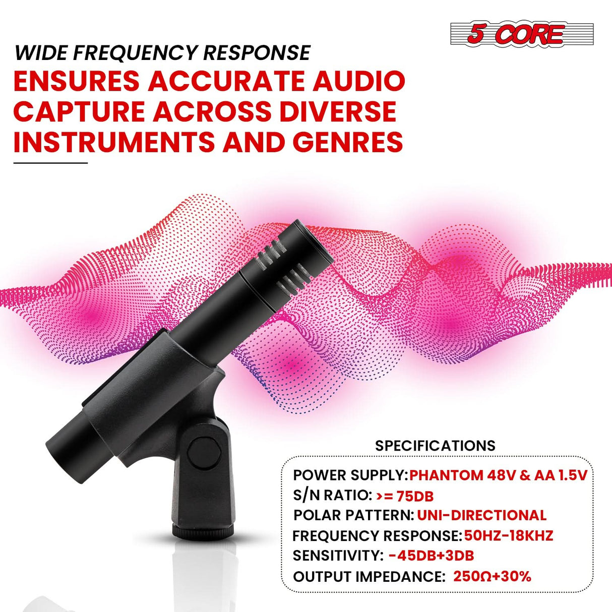5Core Instrument Microphone Professional XLR Cardioid Pencil Stick Condenser Mic Black