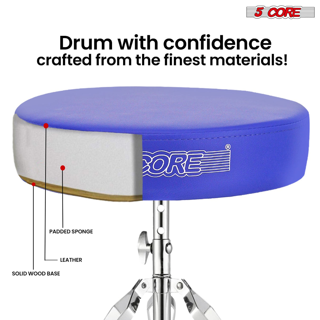 5Core Drum Throne Padded Adjustable Guitar Stool Drummer Seat for Adults & Kids BLUE