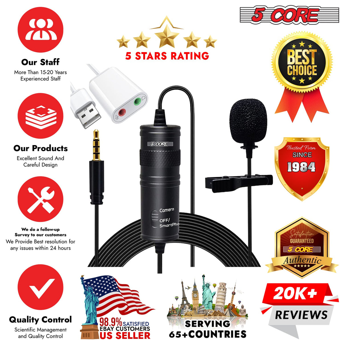 5Core Lavalier Microphone Clip On Professional Grade 3.5mm Lav Lapel Mic Omnidirectional