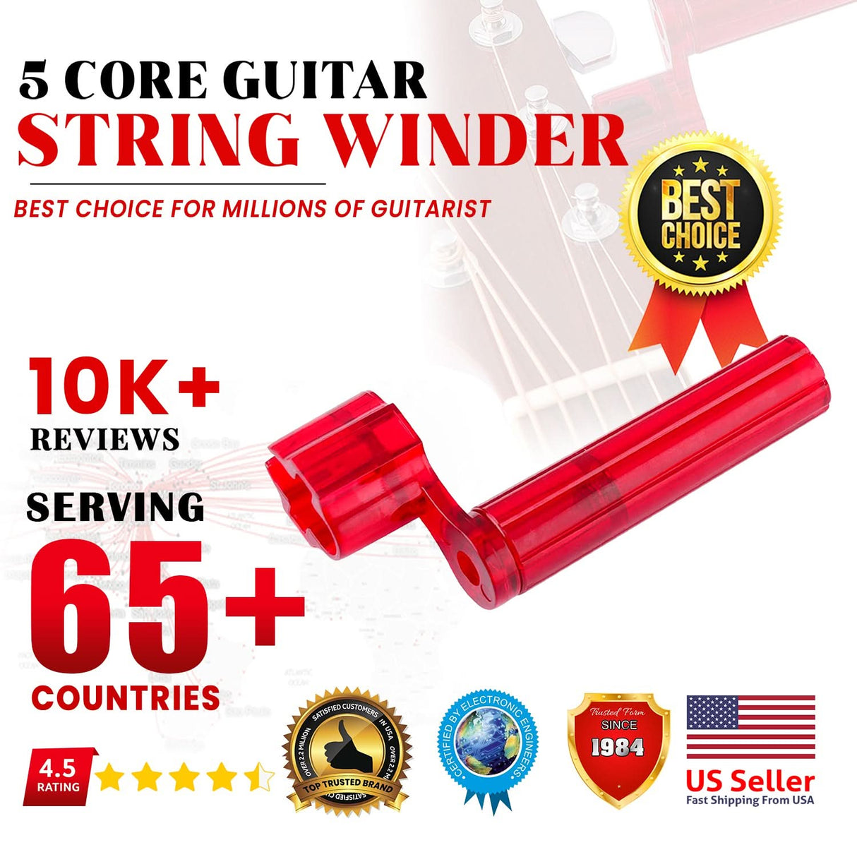 5Core Guitar String Winder Professional Guitars Tools Peg Winder with Bridge Pin Remover
