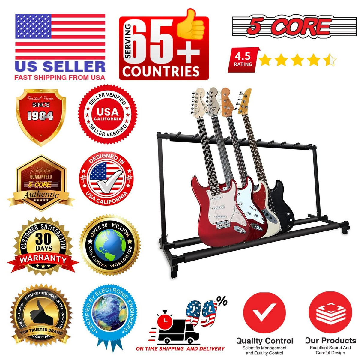 5Core Multi Guitar Rack Stand Floor 9 Slot Adjustable Flying V Guitars Holder