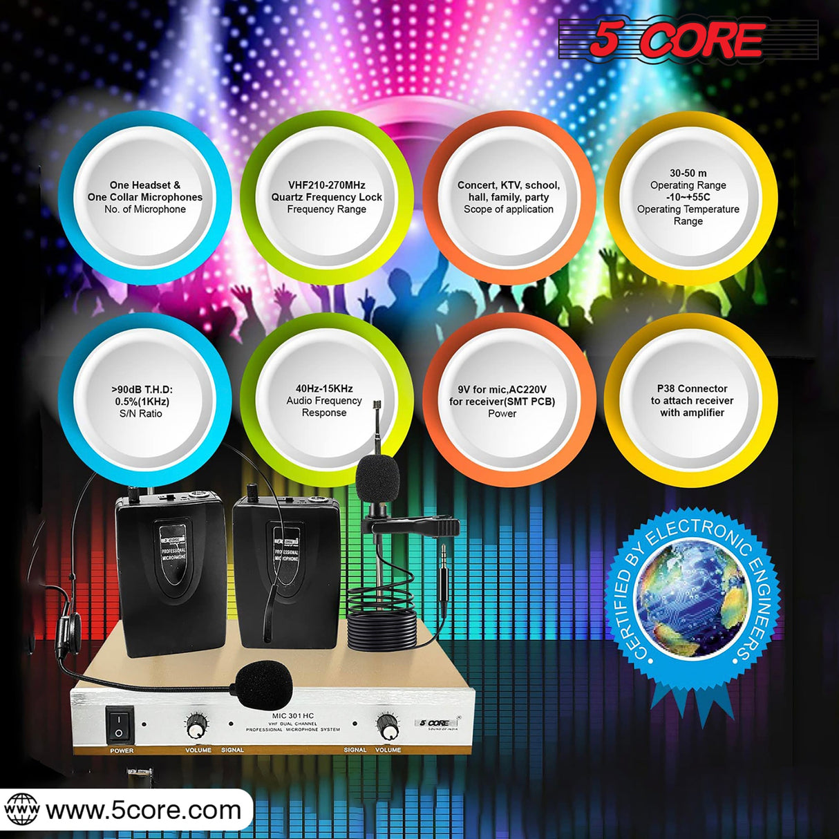 5Core Wireless Microphones w 1 Headset 1 Collar Mic + Receiver Microfono Inalambrico