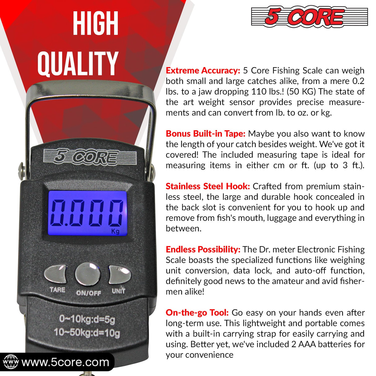 5Core Digital Fishing Scale 110lb/50kg Hanging Luggage Weighing Scales w Measuring Tape