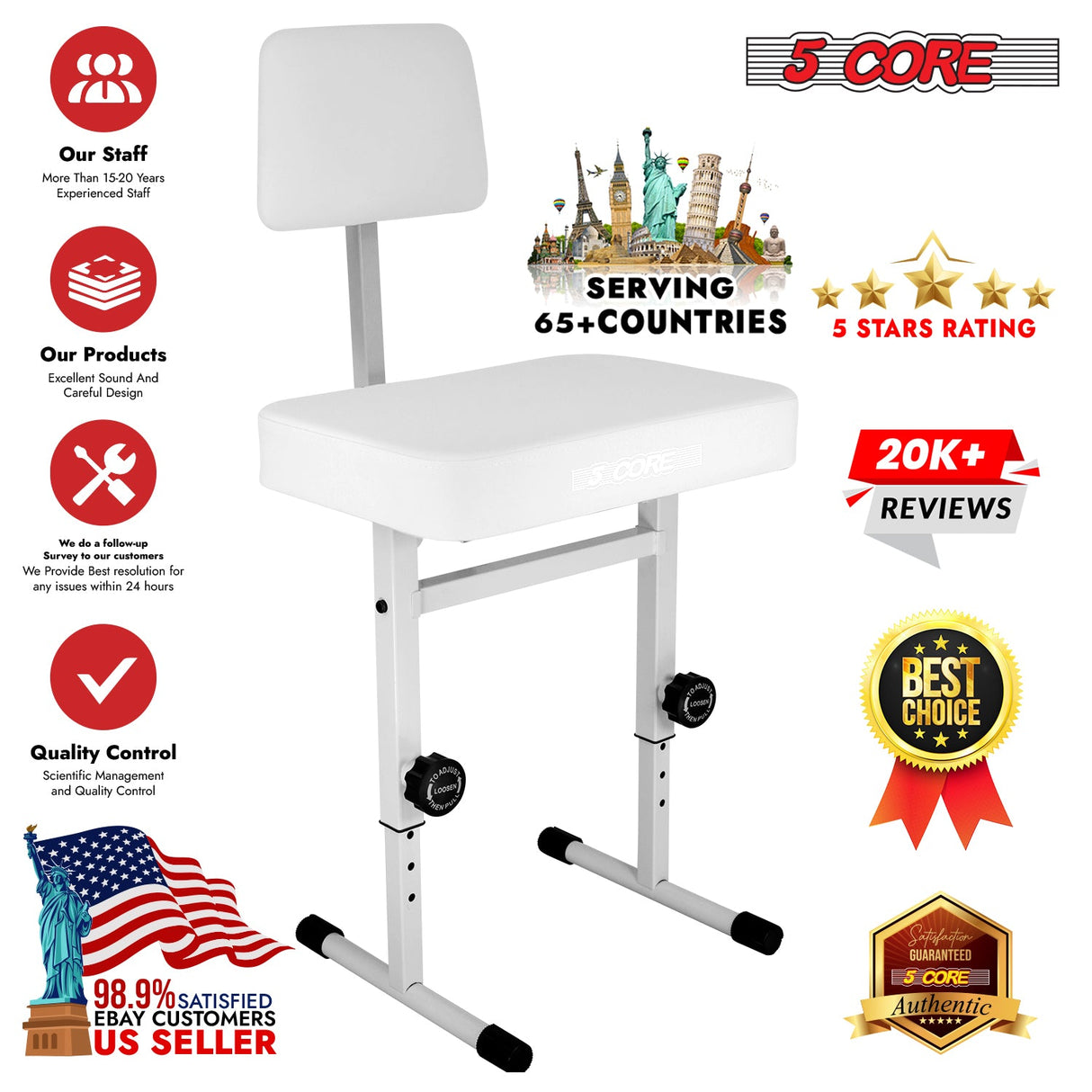 5 CORE Piano Bench Height Adjustable Keyboard Stool Stool Heavy Duty Thick Padded Cushioned Seat with Backrest White