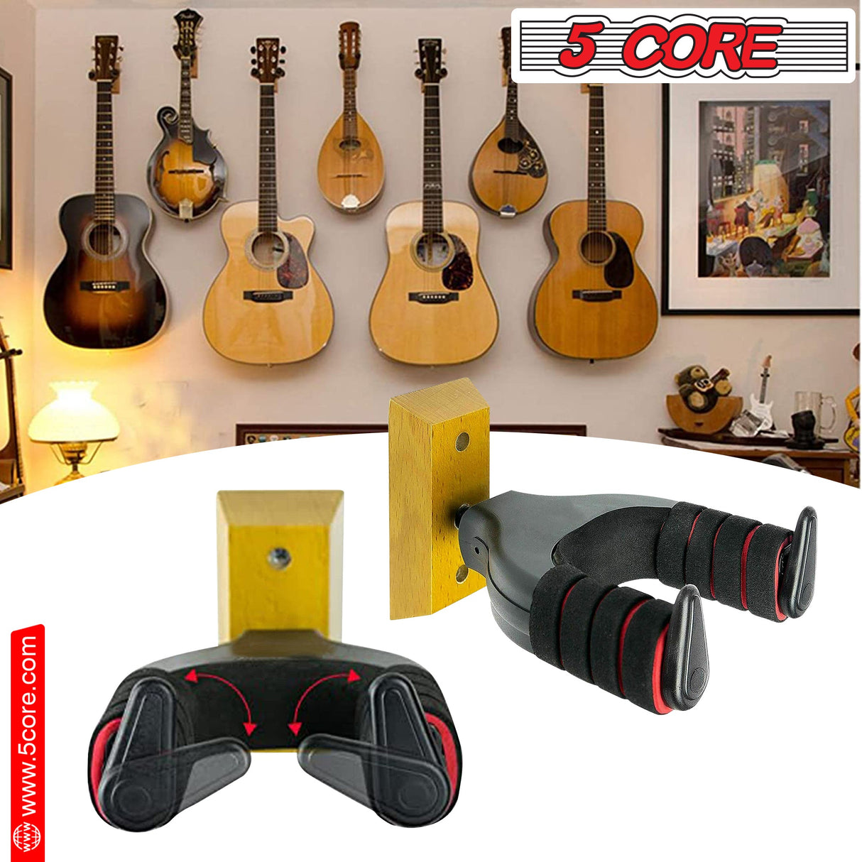 5Core Guitar Wall Mount Hanger Adjustable Display Wall Hook Holder Hard Wood Base