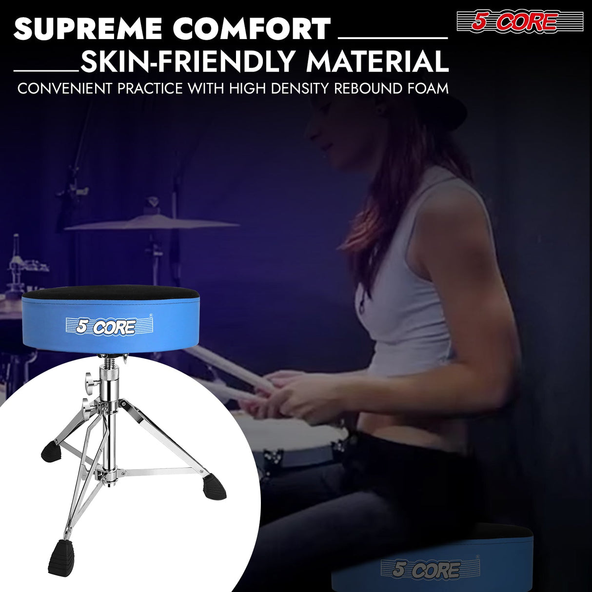 5Core Drum Throne Padded Guitar Stool Swivel Adjustable Drummer Seat Music Chair BLUE VELVET