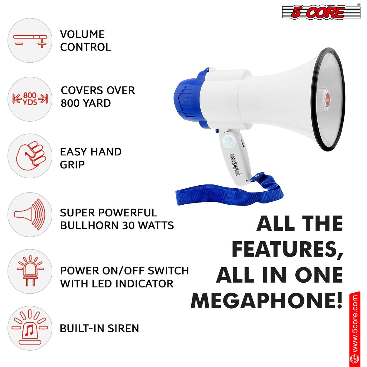 5 Core Megaphone 30W Bull Horn PA Speaker w 800 Yards Range USB Loud Siren Voice Amplifier Portable