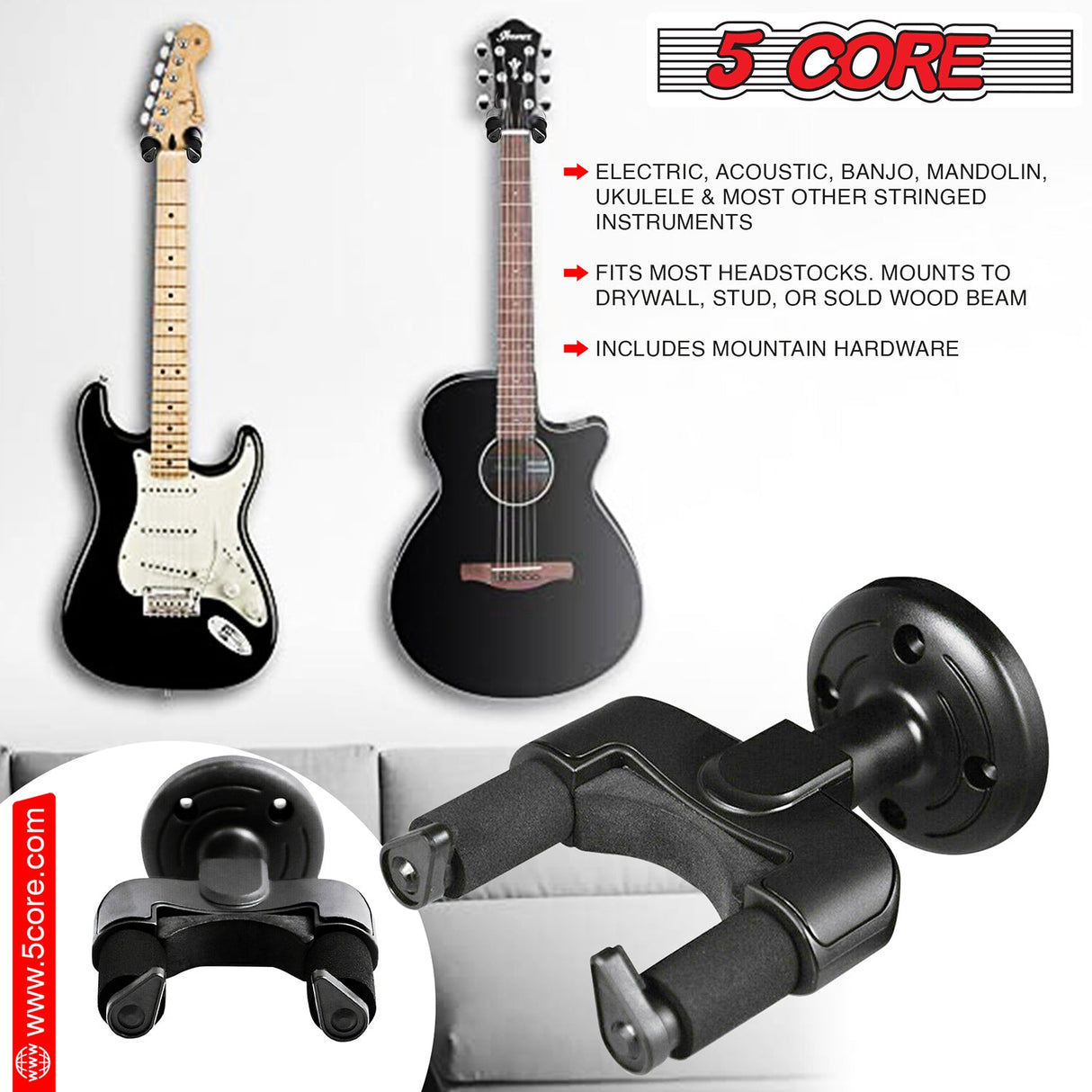 5Core Guitar Wall Mount Hanger Hook Metal Base Soft Padding Adjustable Rotatable Holder