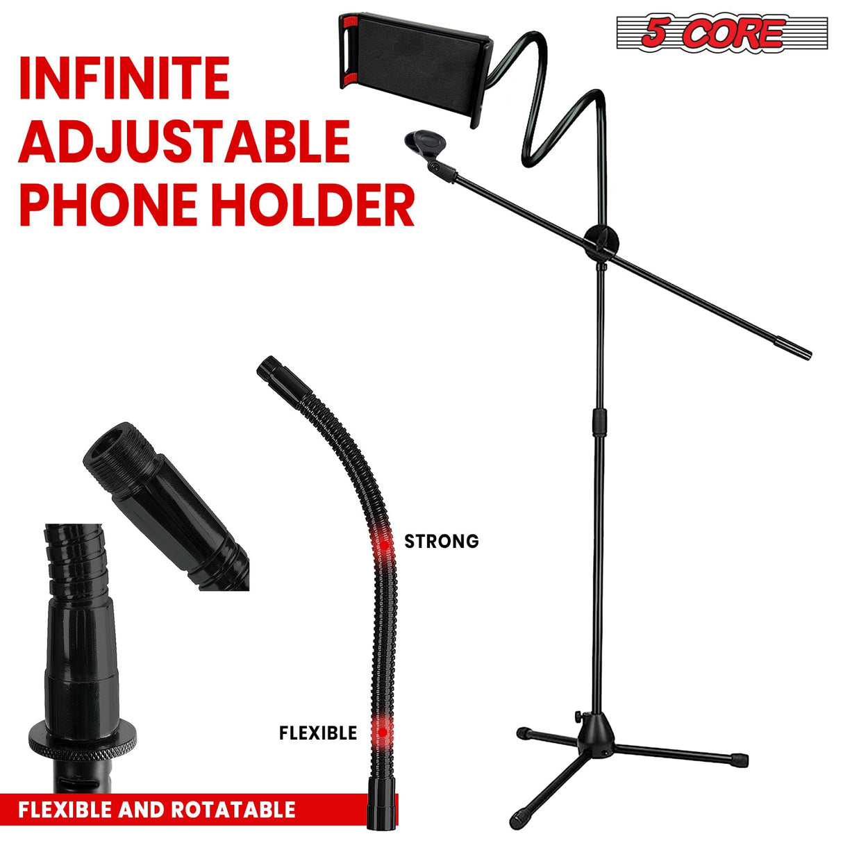 5 Core Tripod Mic Stand w Phone Holder Height Adjustable Microphone Mount Stands