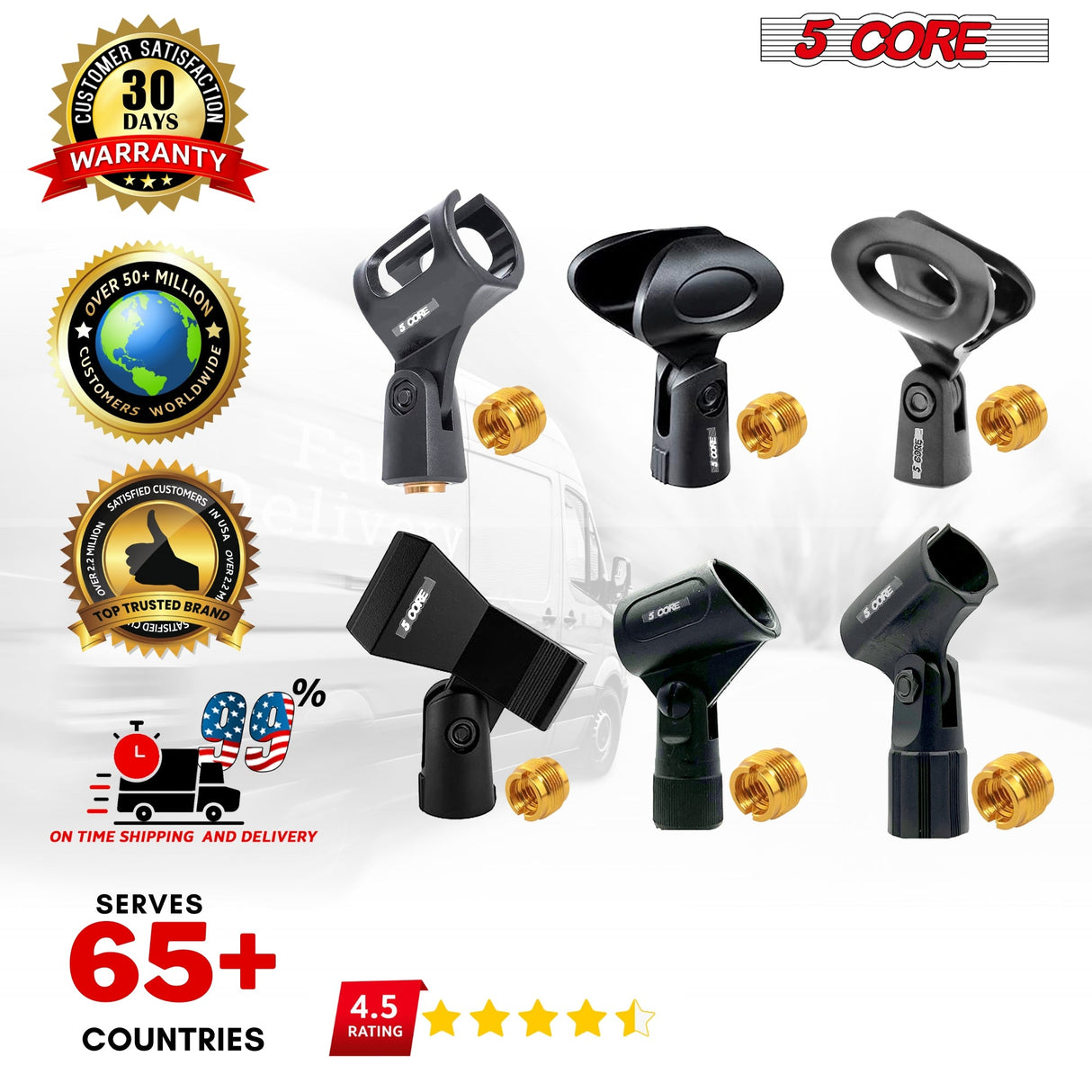 5 Core Microphone Clip Holder 6 Pieces Multi Pack with Screw Adapters 5/8 to 3/8 Inch