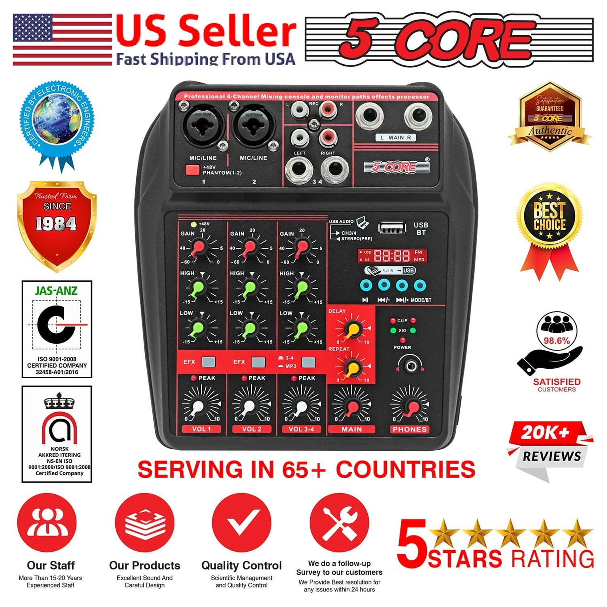 5Core Audio Mixer 4 Channel DJ Soundboard USB Interface Bluetooth Mixing Console w Repeat Delay +48V