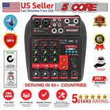 5Core Audio Mixer 4 Channel DJ Soundboard USB Interface Bluetooth Mixing Console w Repeat Delay +48V