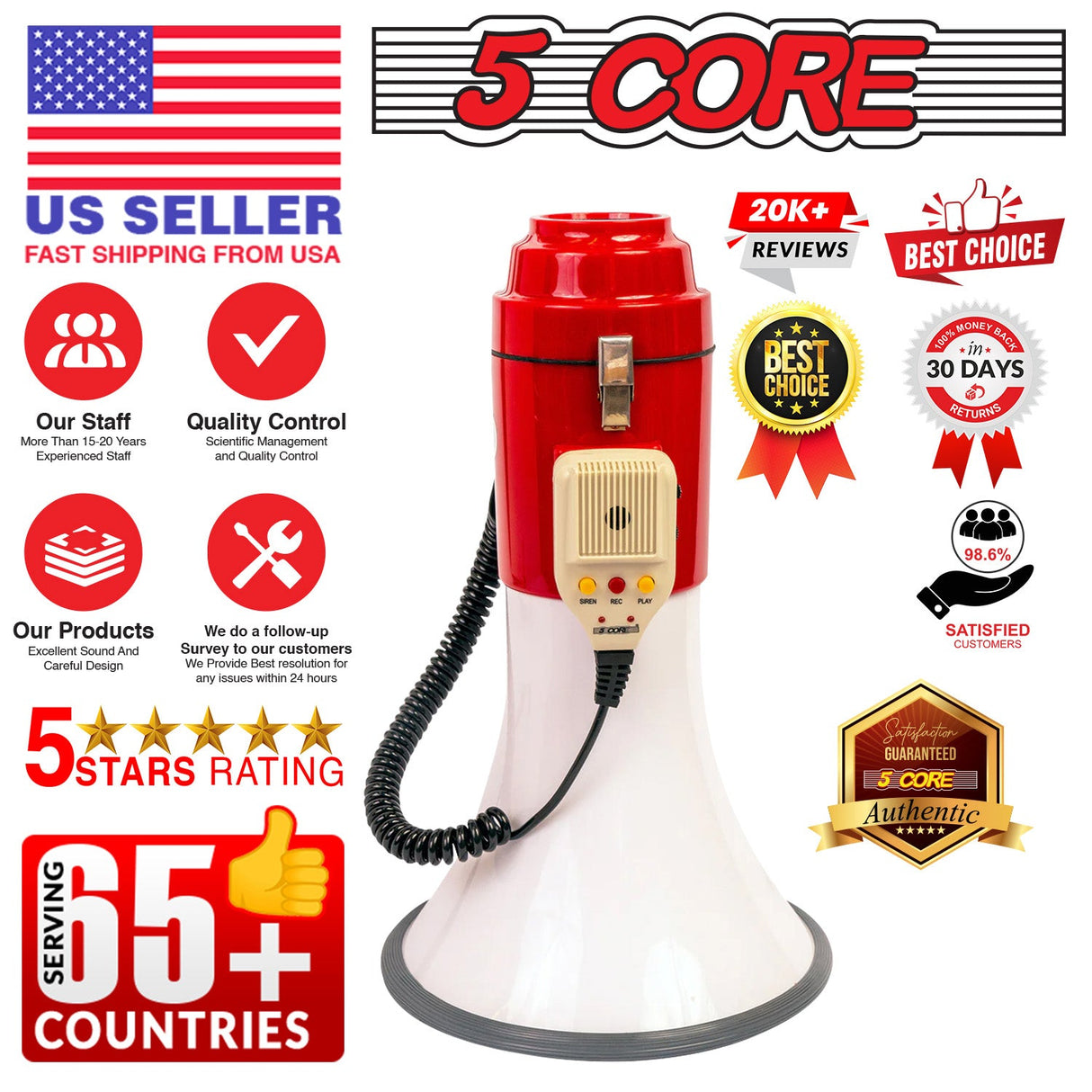 5Core Megaphone Bullhorn Speaker Pro 60W Bull Horn Non Rechargeable Cheer Megafono