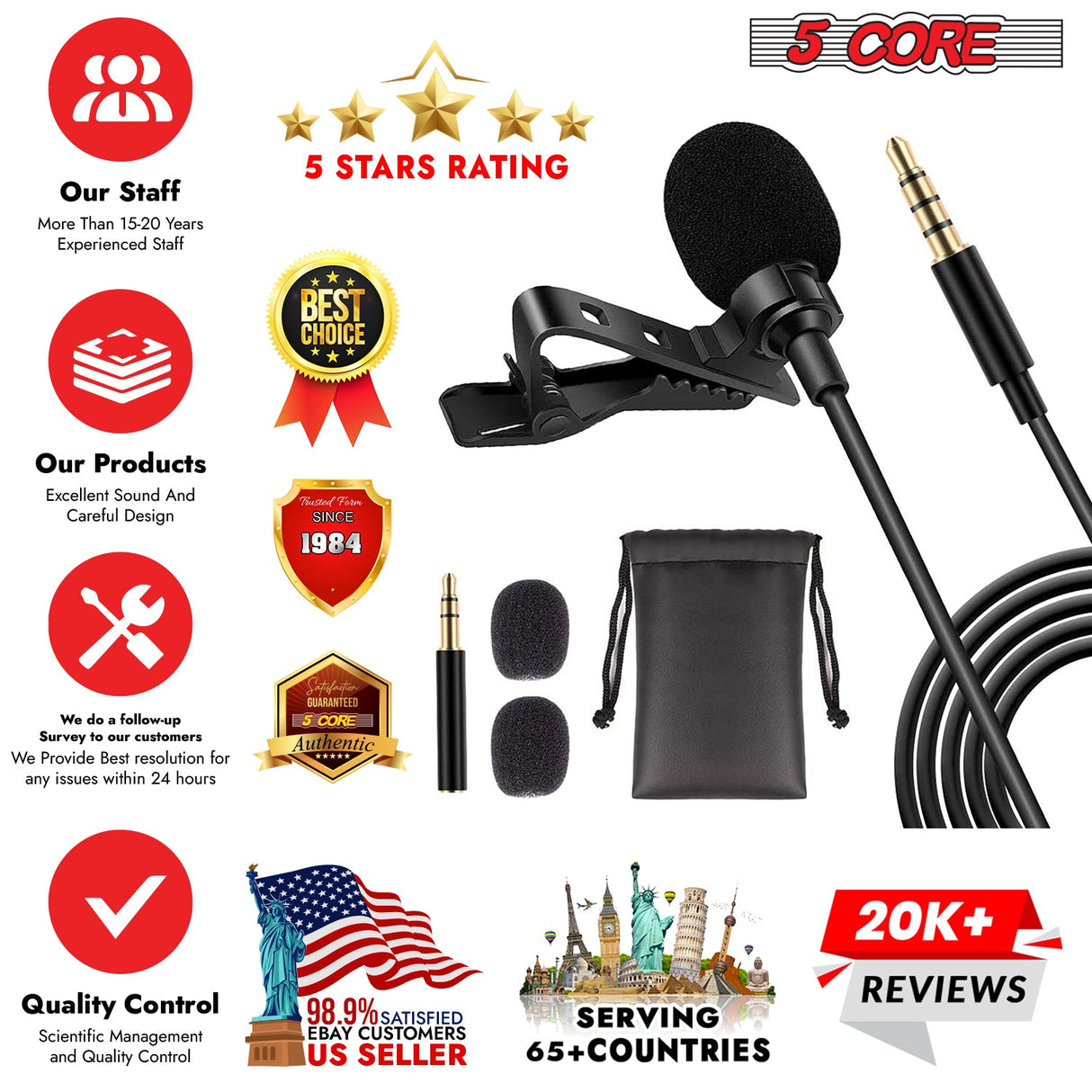 5Core Lavalier Microphone Clip On Professional Grade 3.5mm Lapel Mic Omnidirectional Lav Mic
