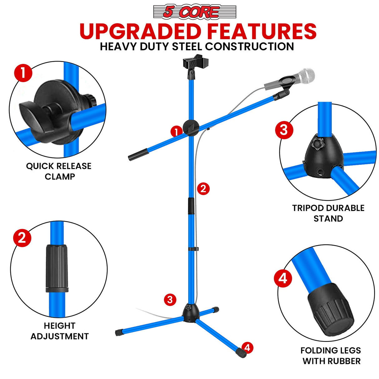 5Core Tripod Mic Stand Adjustable Heavy Duty Floor Holder Microphone Boom Arm SKY BLUE