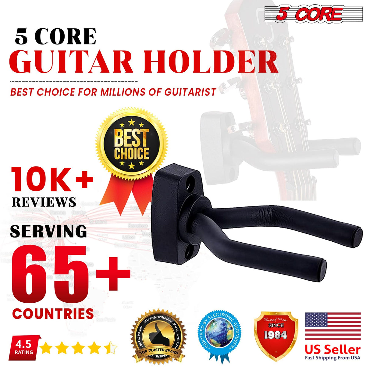 5Core 2PCS Guitar Wall Mount Hangers Display Wall Hook w Screws Soft Padding Holder for All Guitars