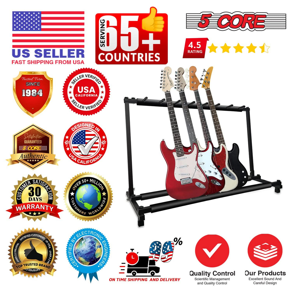 5 Core Multi Guitar Rack Stand Floor 7 Slot Adjustable Flying V Guitars Holder