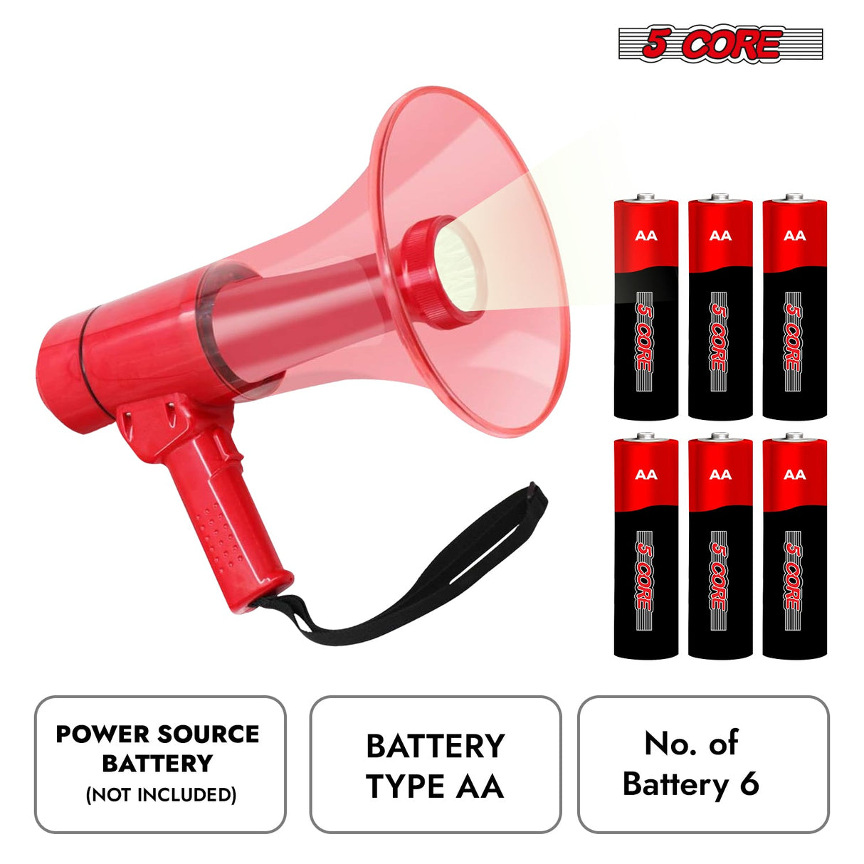 5Core Megaphone Bullhorn Speaker w Siren LED Light Adjustable Volume Bull Horn RED