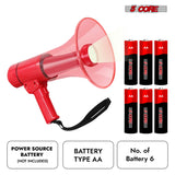 5Core Megaphone Bullhorn Speaker w Siren LED Light Adjustable Volume Bull Horn RED