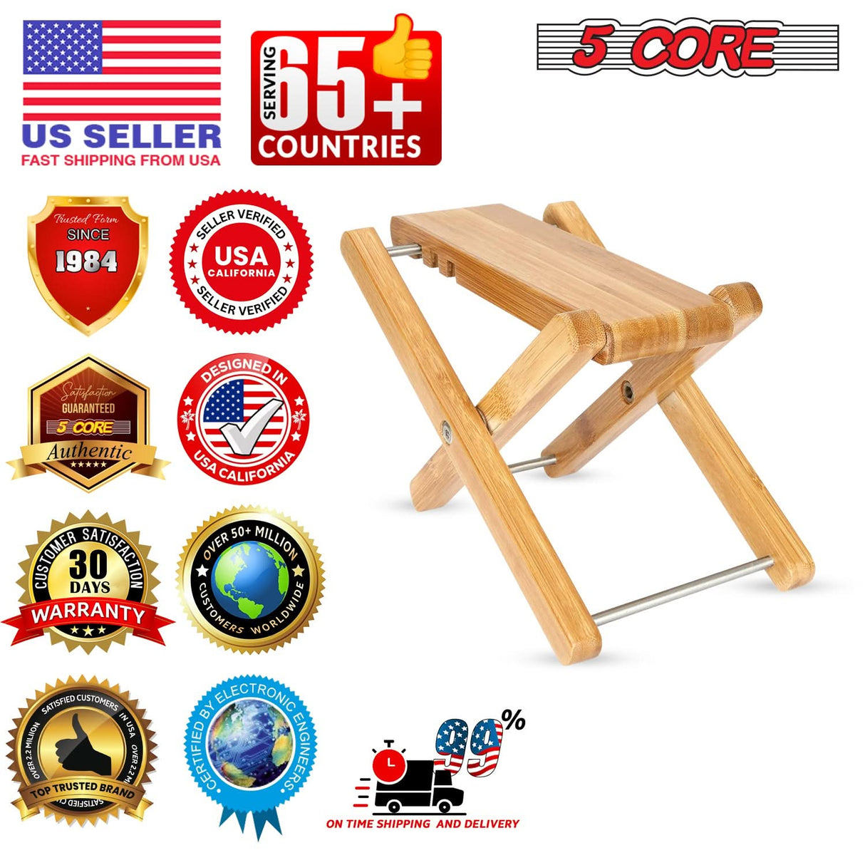 5Core Wooden Guitar Foot Stool 3 Level Adjustable Leg Rest Classical Footrest