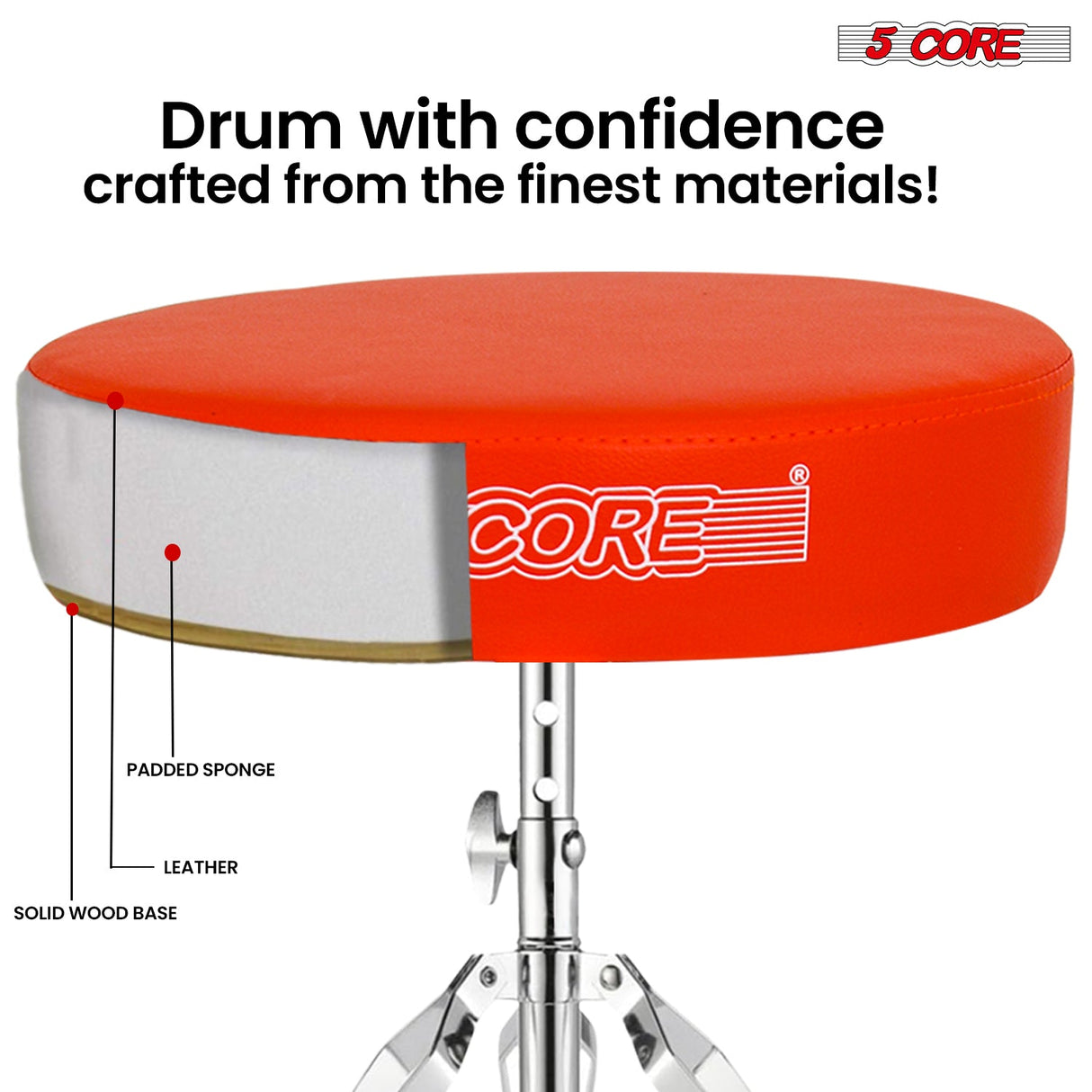 5Core Drum Throne Padded Adjustable Guitar Stool Drummer Seat for Adults & Kids ORANGE