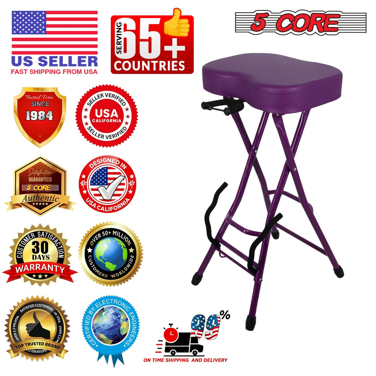 5Core Guitar Stool 3.15" Padded Chair Foldable Heavy Duty Music Seat Built in Foot Rest Guitar Stand