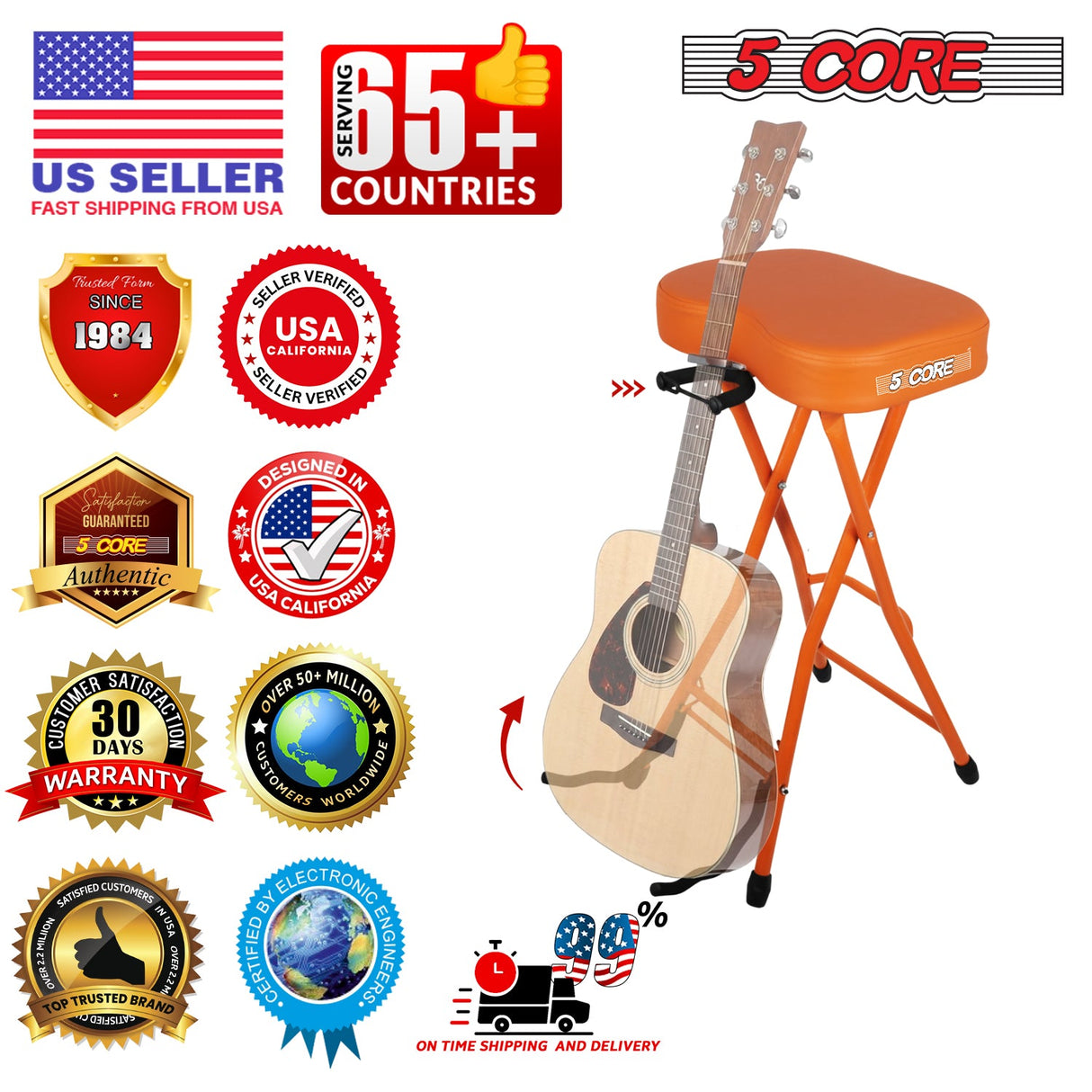 5Core Guitar Stool 3.15" Padded Chair Foldable Heavy Duty Music Seat Built in Foot Rest Guitar Stand