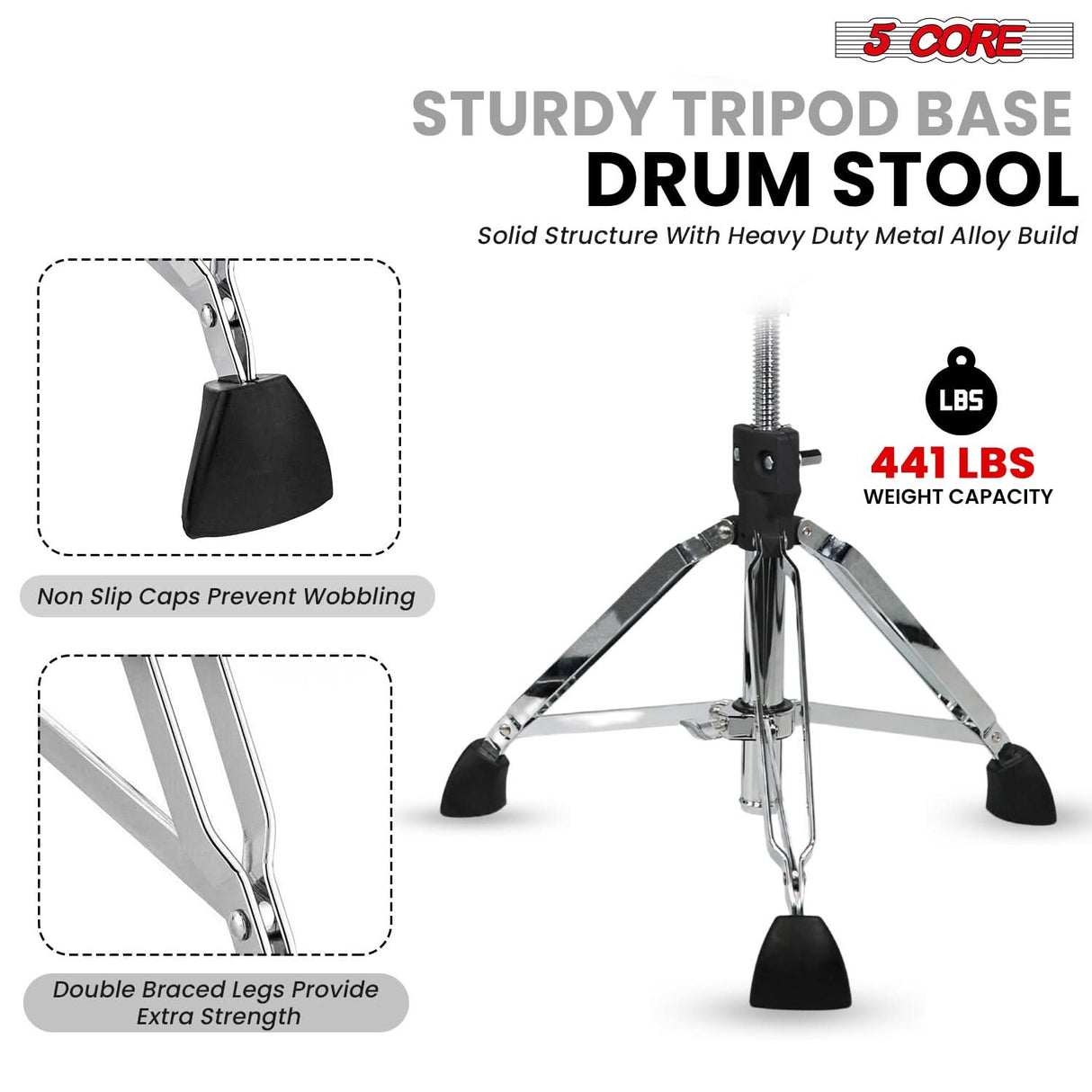 5 Core Drum Throne w Backrest 4" Padded Adjustable 26.5" Drummer Stool w Velvet Top 441Lb Capacity
