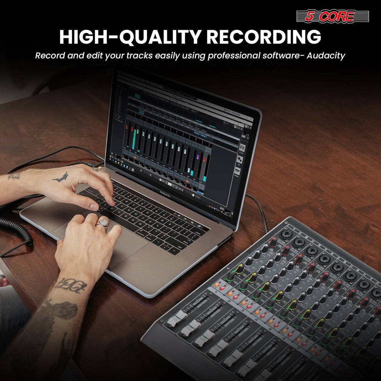 5 Core Audio Mixer 8 Channel DJ Soundboard USB Interface Bluetooth Mixing Console w 99 DSP Effect