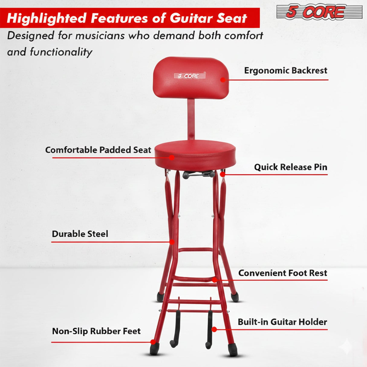 5Core Guitar Stool 3.15" Padded Chair w Backrest Foldable Music Seat Built in Foot Rest Guitar Stand