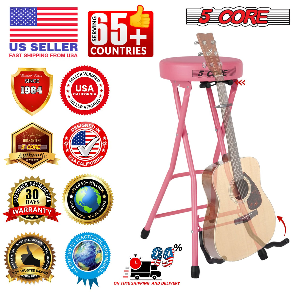 5 Core Guitar Stool 3.15" Padded Chair Foldable Music Seat w Built in Foot Rest Guitar Stand