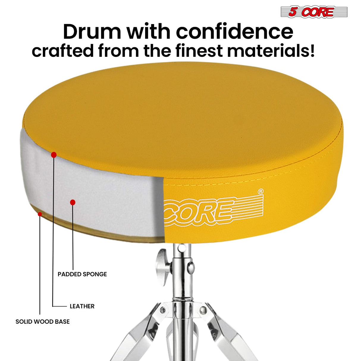 5Core Drum Throne Padded Adjustable Guitar Stool Drummer Seat for Adults & Kids YELLOW