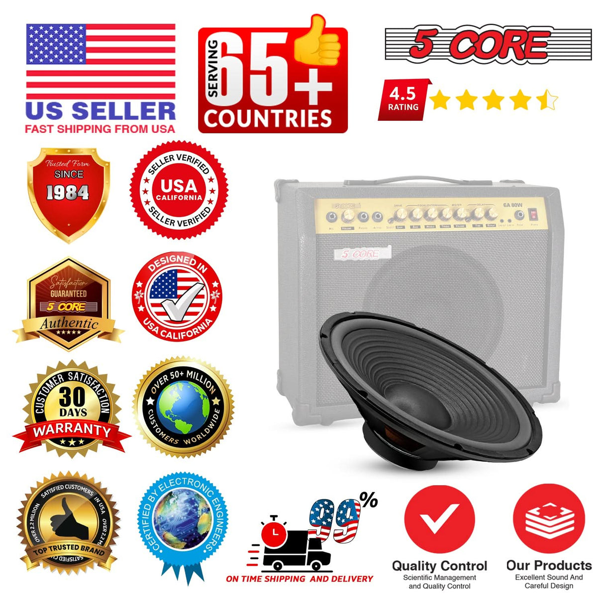 5 Core 15 Inch Guitar Speaker Replacement 450W 4 Ohm Low Distortion for Electric Guitar Amp Cabinet