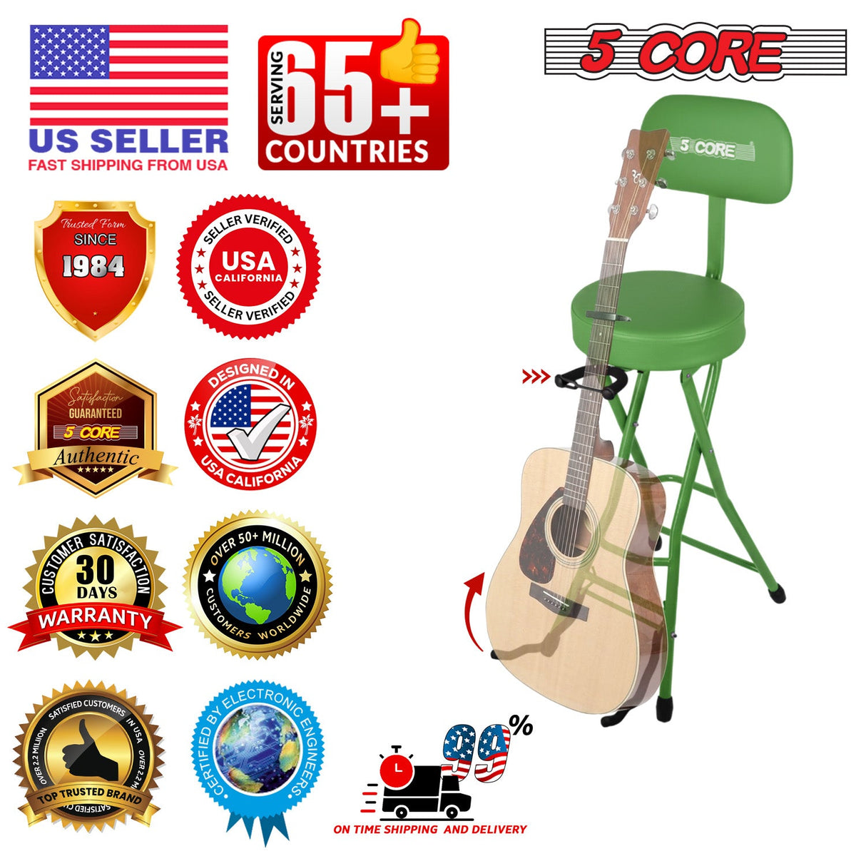 5Core Guitar Stool 3.15" Padded Chair w Backrest Foldable Music Seat Built in Foot Rest Guitar Stand