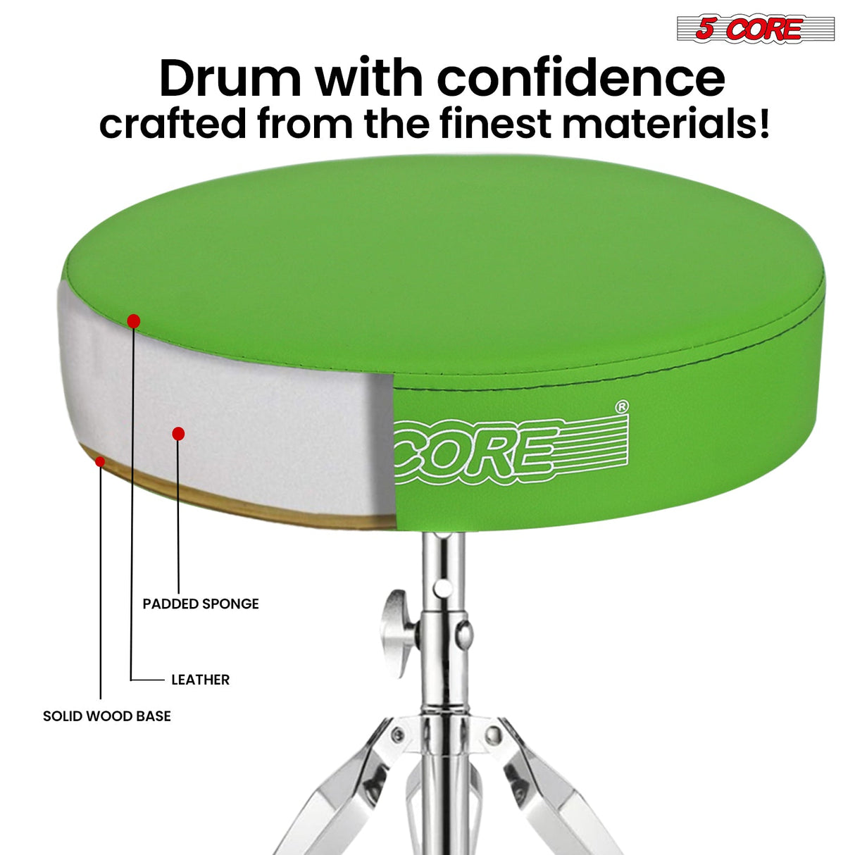5Core Drum Throne Padded Adjustable Guitar Stool Drummer Seat for Adults & Kids GREEN