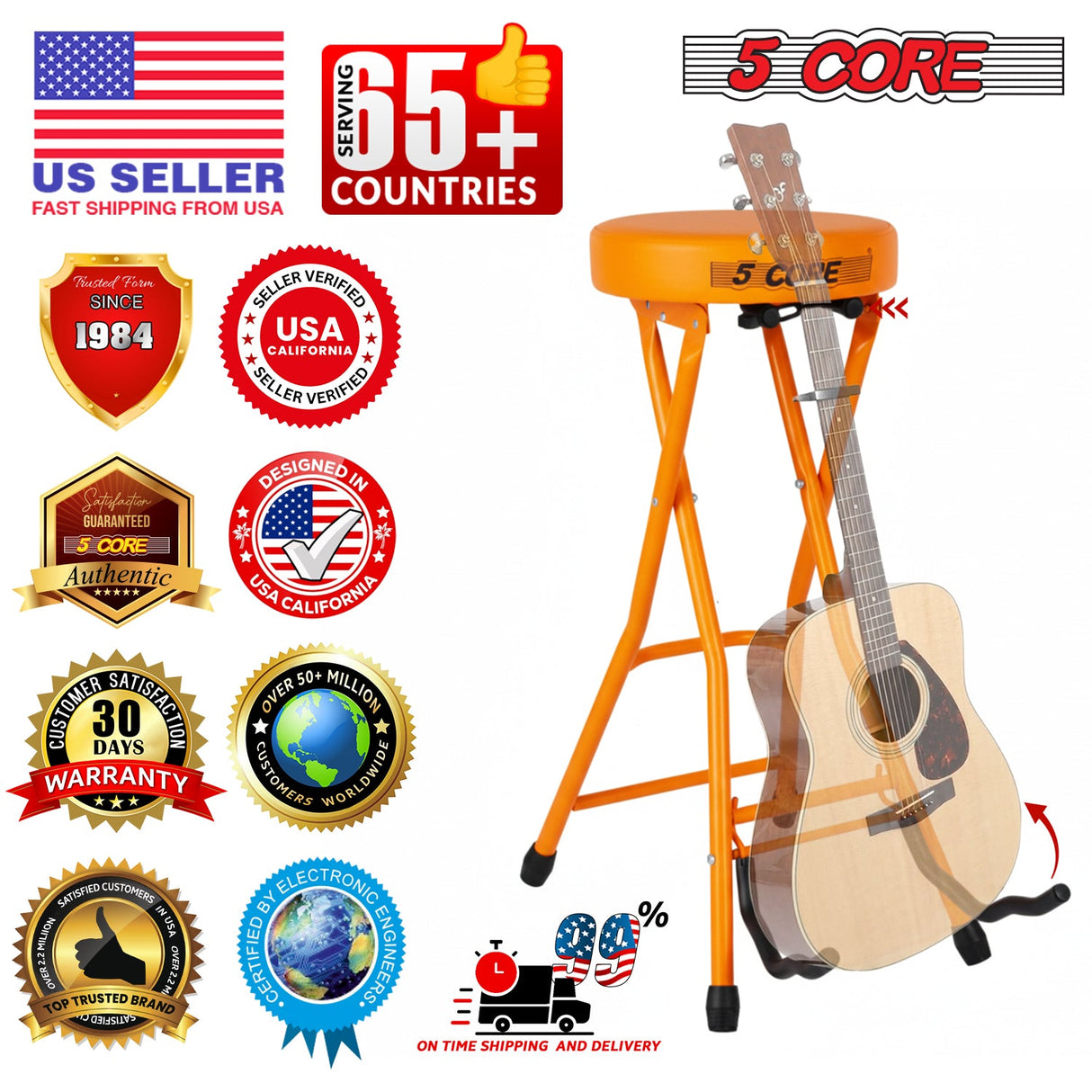 5Core Guitar Stool 3.15" Padded Chair Foldable Heavy Duty Music Seat Built in Foot Rest Guitar Stand