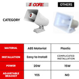 5 Core 6 Inch PA Horn 200W Loud Speaker Pair Bull Horn Loud Audio 8Ohm All Weather Indoor Outdoor