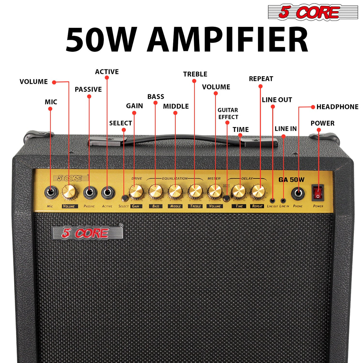 5 Core Guitar Amp 50 Watt  Electric Amplifier w Built in 8" Speaker Portable Mini Amps w Aux